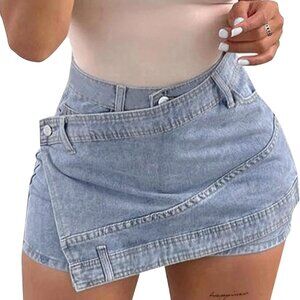 Women Denim Mini Skirt Jean Skort Sexy High Waisted Asymmetrical Stretch Short S